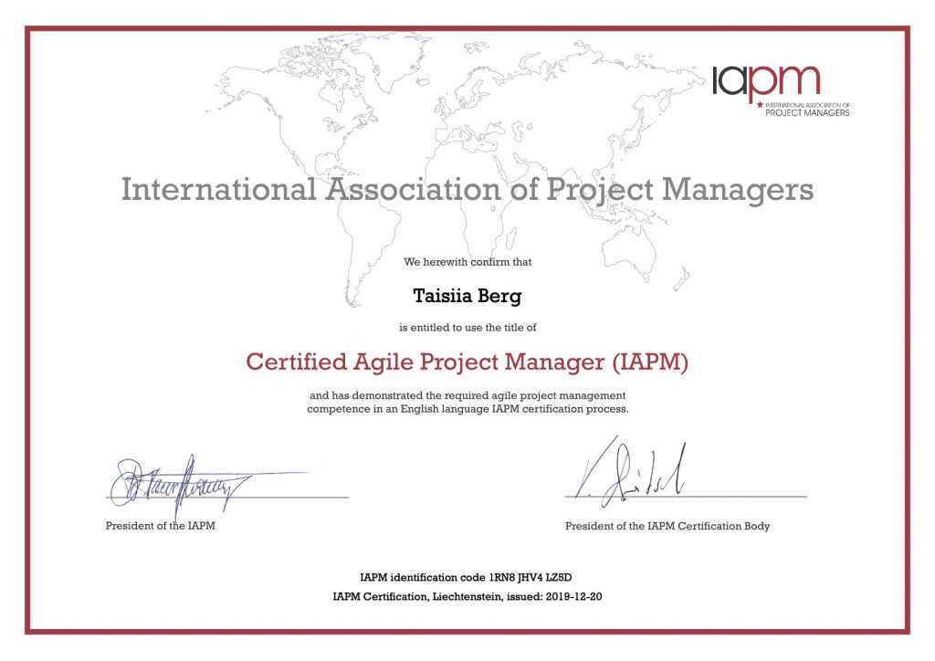 Taisia Berg is certified Agile Project Manager